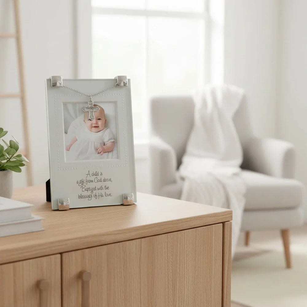 Baptism Small Glass Picture Frame Blessings Poem Cross Pendant Ivory Matte